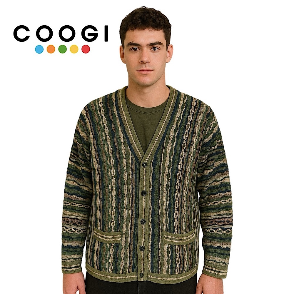 COOGI Green Multi-Stripe V‑Neck Cardigan
